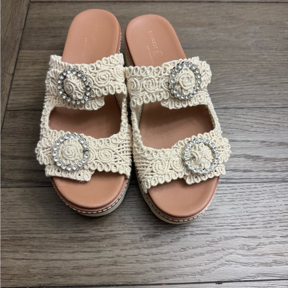 Chinese Laundry Cream Sandals with Embellished Crochet Straps